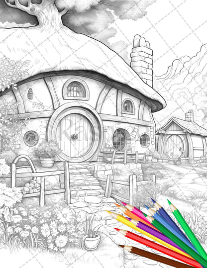 43 Enchanted Hobbiton Houses Grayscale Coloring Pages Printable for Adults, PDF File Instant Download