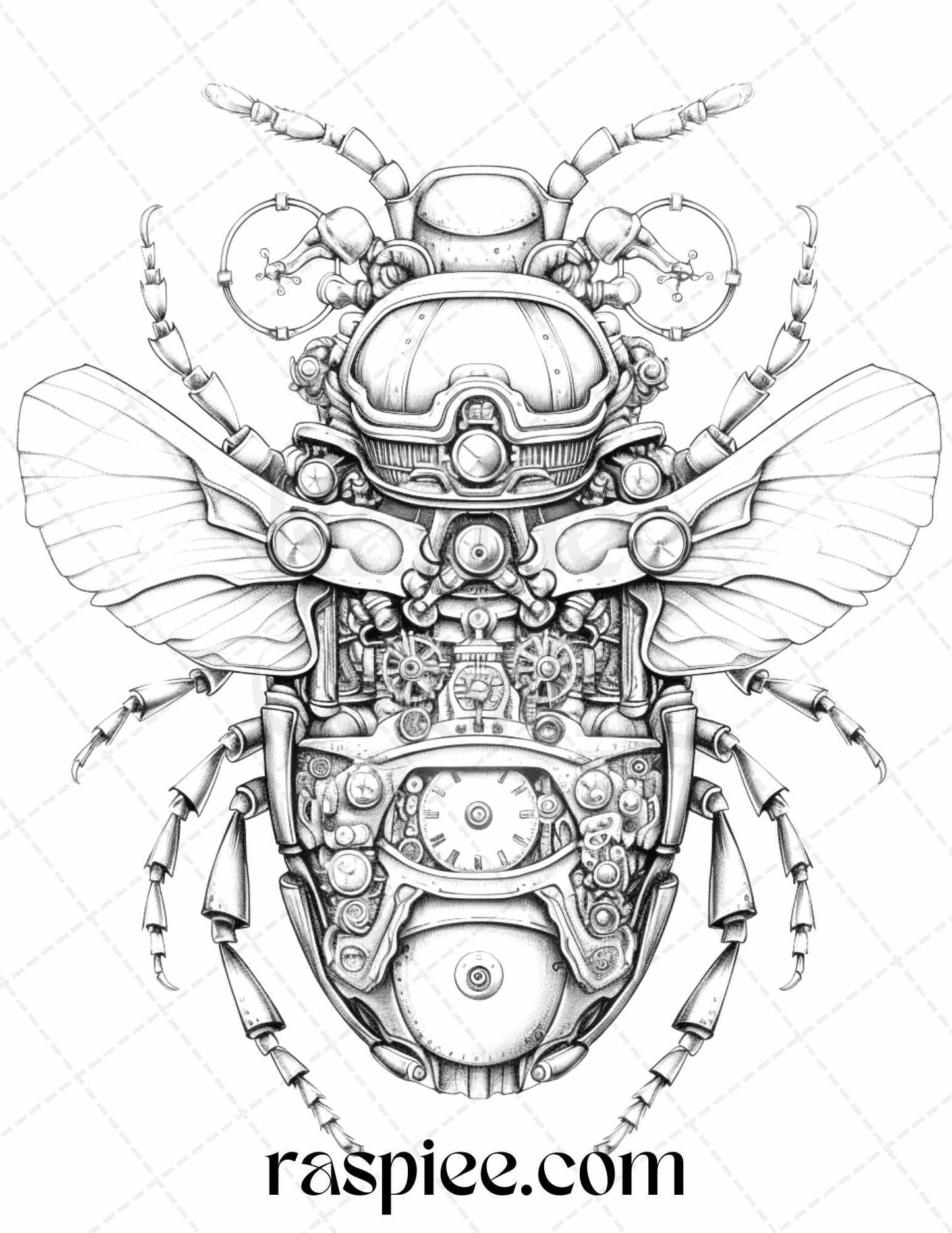 42 Steampunk Bugs Grayscale Coloring Pages Printable for Adults, PDF File Instant Download