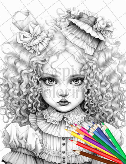 40 Creepy Porcelain Dolls Grayscale Coloring Pages for Adults, PDF File Instant Download