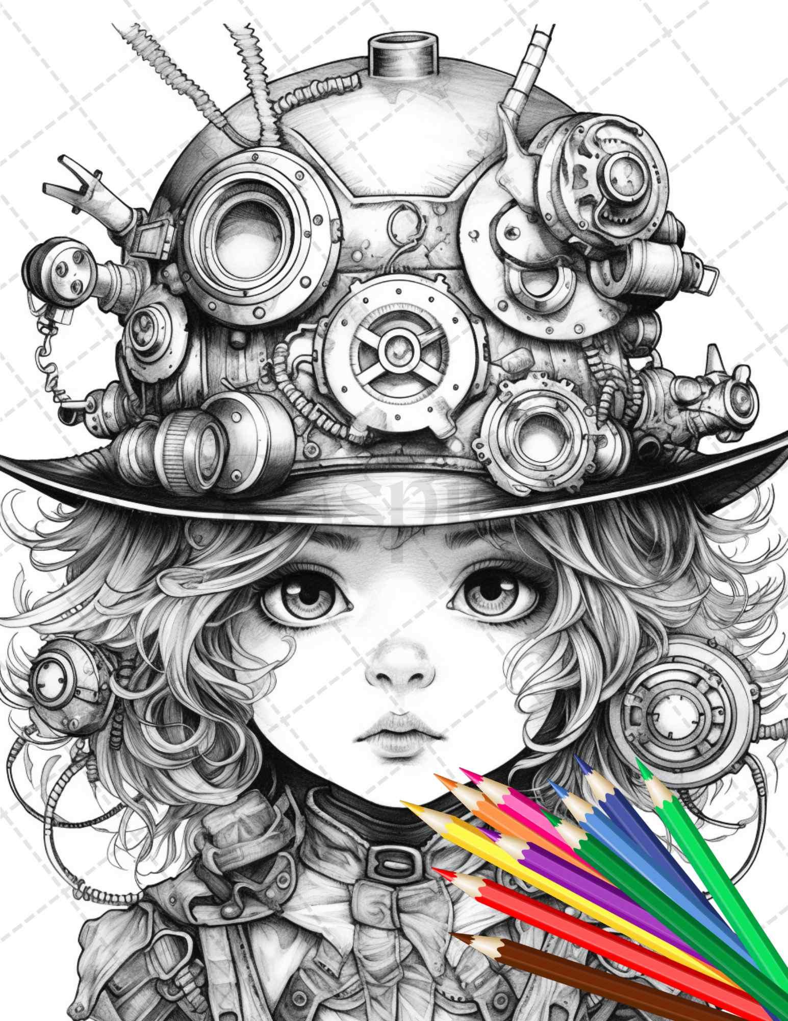 31 Adorable Steampunk Girls Coloring Pages Printable for Adults, Grayscale Coloring Page, PDF File Instant Download