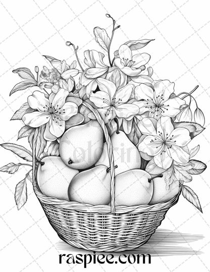 40 Fruit Basket Grayscale Coloring Pages Printable for Adults, PDF File Instant Download