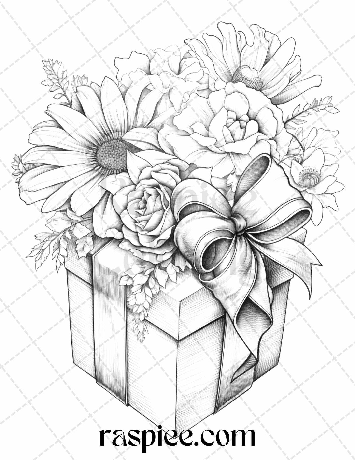 40 Flower Gift Box Grayscale Coloring Pages Printable for Adults Kids, PDF File Instant Download