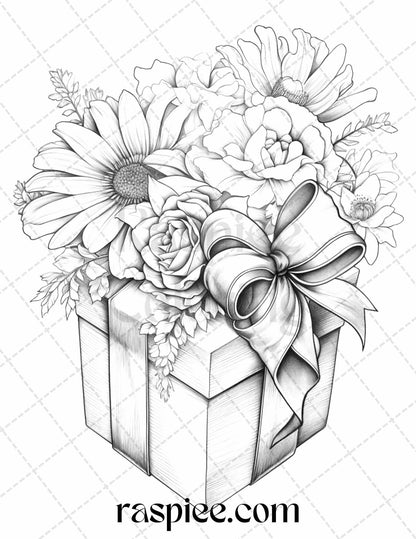 40 Flower Gift Box Grayscale Coloring Pages Printable for Adults Kids, PDF File Instant Download