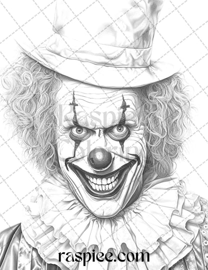 40 Spooky Clowns Grayscale Coloring Pages Printable for Adults, PDF File Instant Download