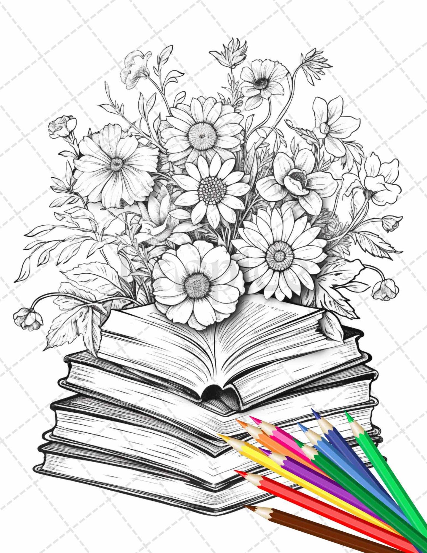 31 Book Flowers Coloring Pages Printable for Adults, Grayscale Coloring Page, PDF File Instant Download