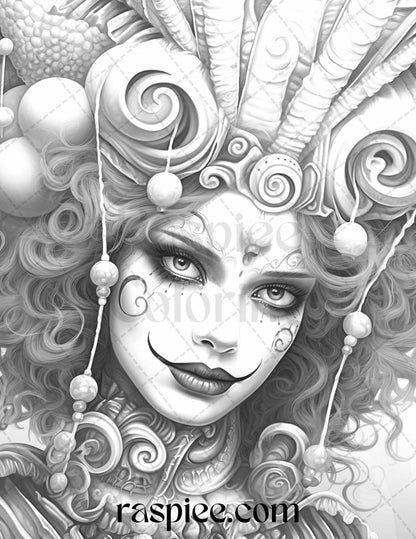 42 Beautiful Clown Girls Grayscale Coloring Pages Printable for Adults, PDF File Instant Download