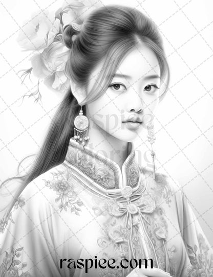 40 Beautiful Chinese Girls Grayscale Coloring Pages for Adults, Printable PDF File Instant Download