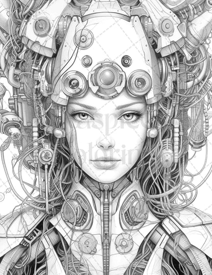 40 Beautiful Cyborg Girls Grayscale Coloring Pages Printable for Adults, PDF File Instant Download