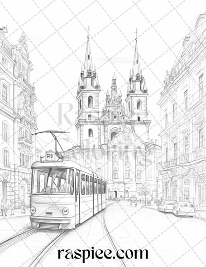 40 Beautiful Cities Travel Grayscale Coloring Pages Printable for Adults, PDF File Instant Download