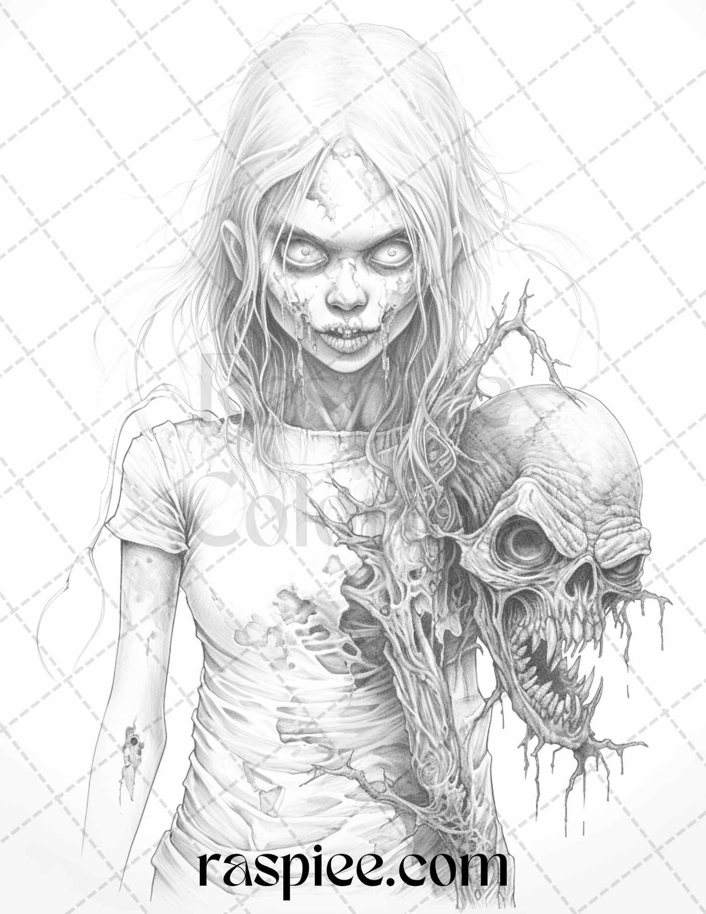 40 Scary Zombie Girls Grayscale Coloring Pages Printable for Adults, PDF File Instant Download