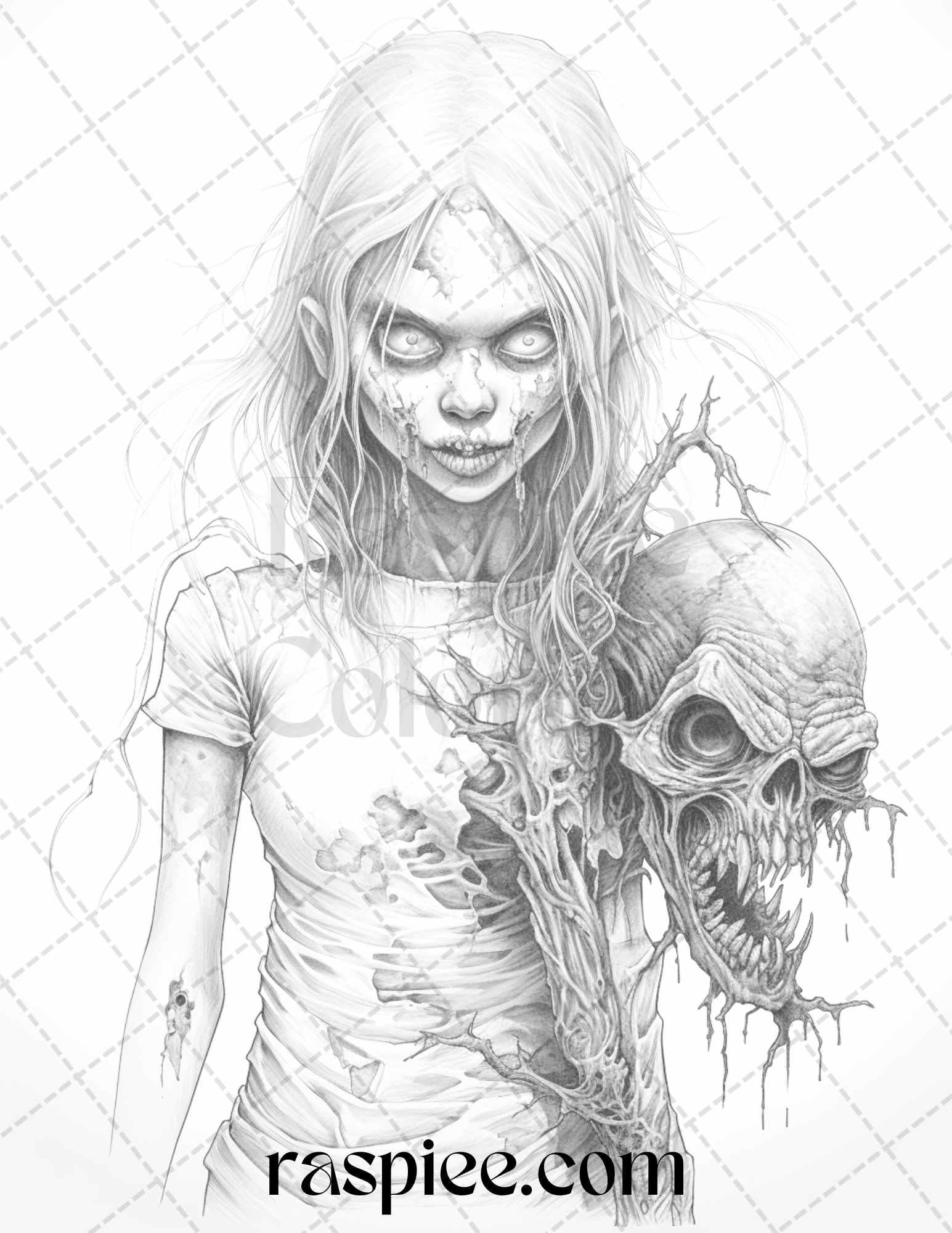 40 Scary Zombie Girls Grayscale Coloring Pages Printable for Adults, PDF File Instant Download