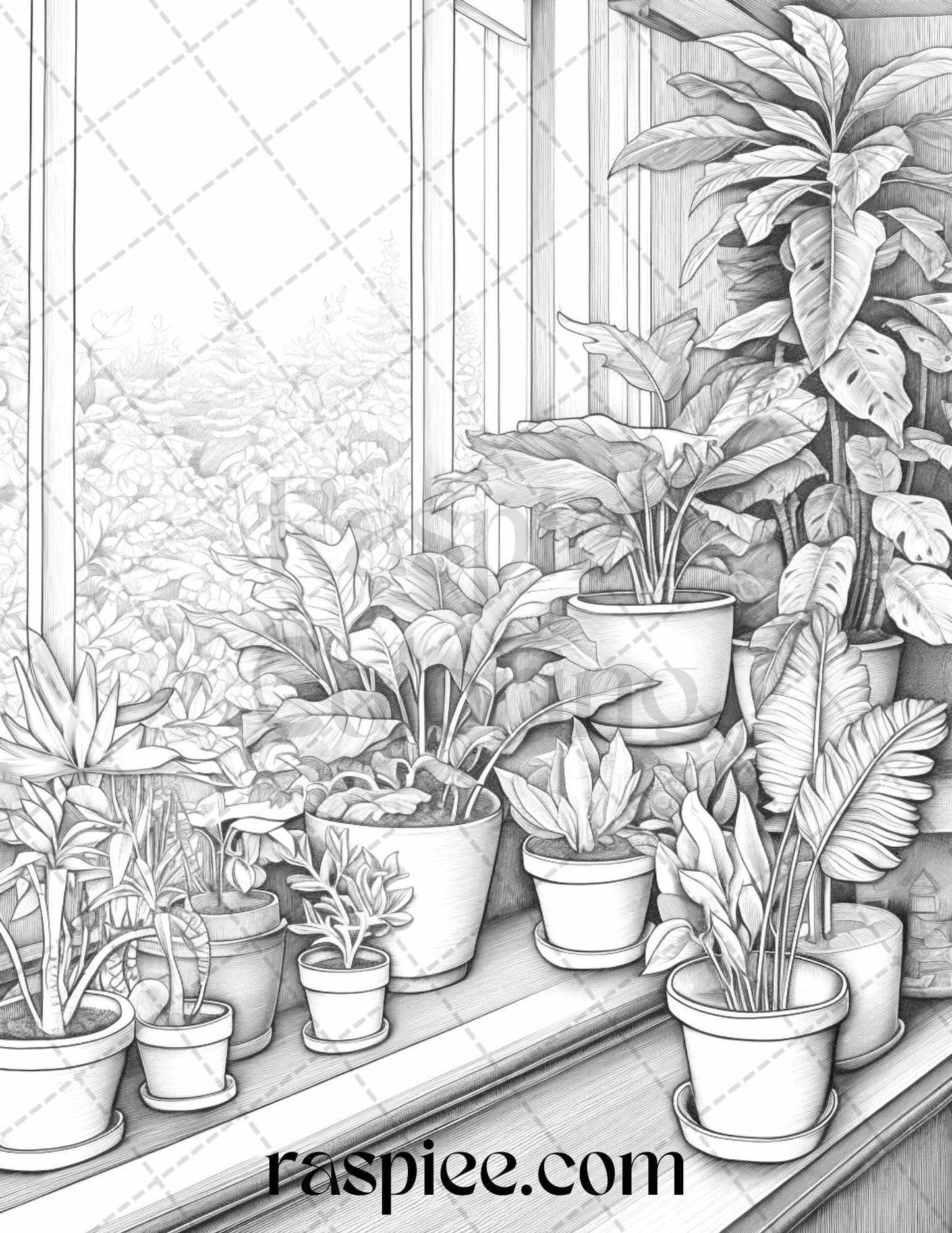 40 Window Plants Grayscale Coloring Pages Printable for Adults, PDF File Instant Download