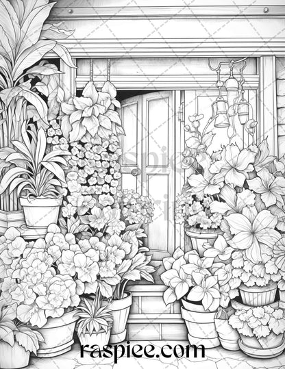 45 Flower Store Front Grayscale Coloring Pages Printable for Adults, PDF File Instant Download