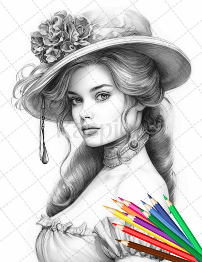 43 Beautiful Victorian Women Grayscale Coloring Pages Printable for Adults, PDF File Instant Download