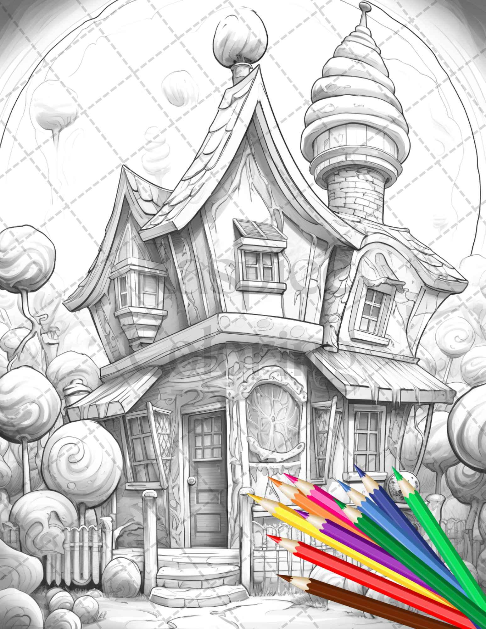 33 Ice Cream Houses Grayscale Coloring Pages Printable for Adults and Kids, PDF File Instant Download