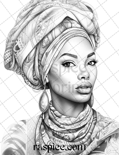 40 Beautiful African Women Grayscale Coloring Pages Printable for Adults, PDF File Instant Download