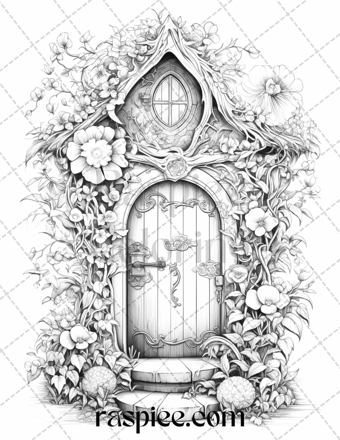 40 Flower Fairy Doors Grayscale Coloring Pages Printable for Adults, PDF File Instant Download