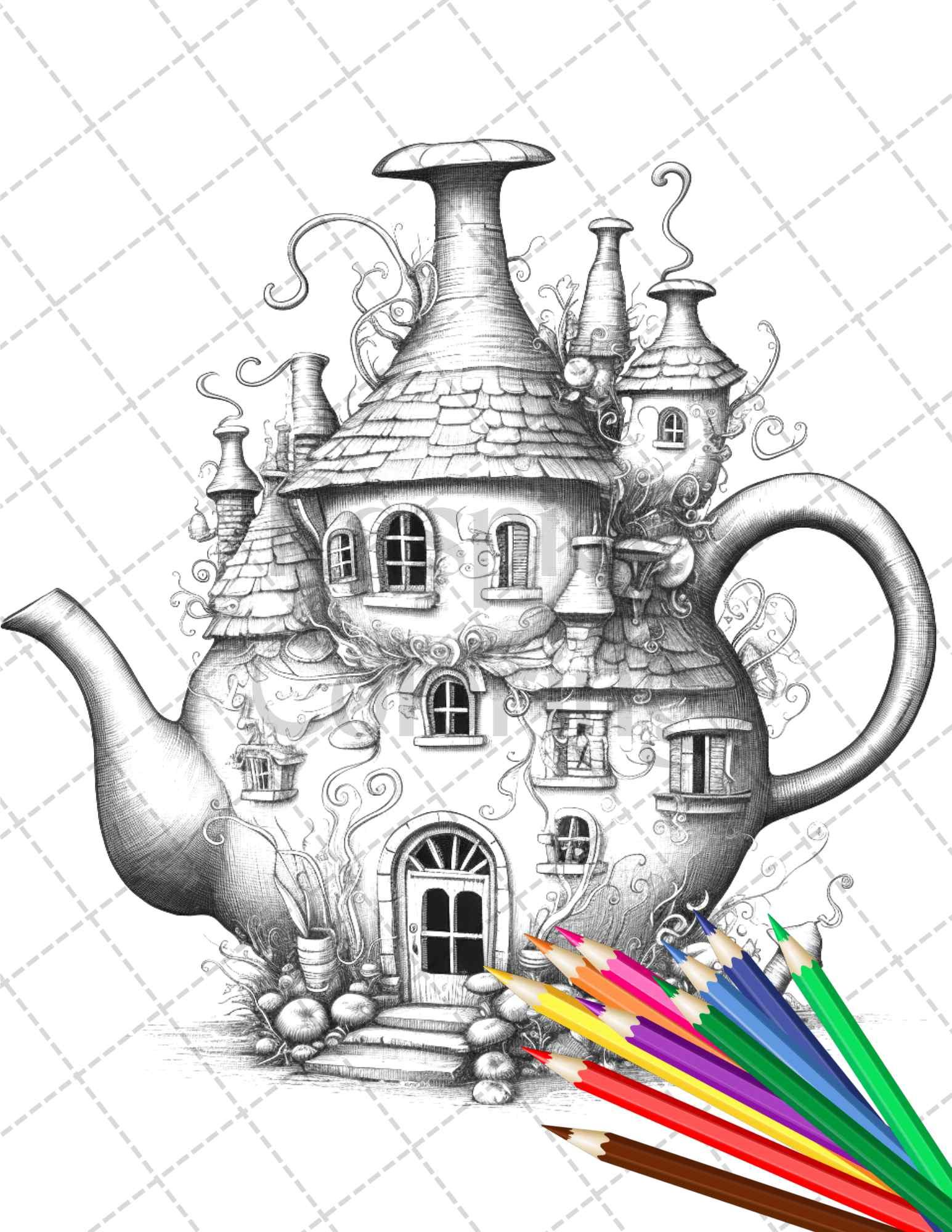 40 Teapot Fairy Houses Grayscale Coloring Pages Printable for Adults, PDF File Instant Download