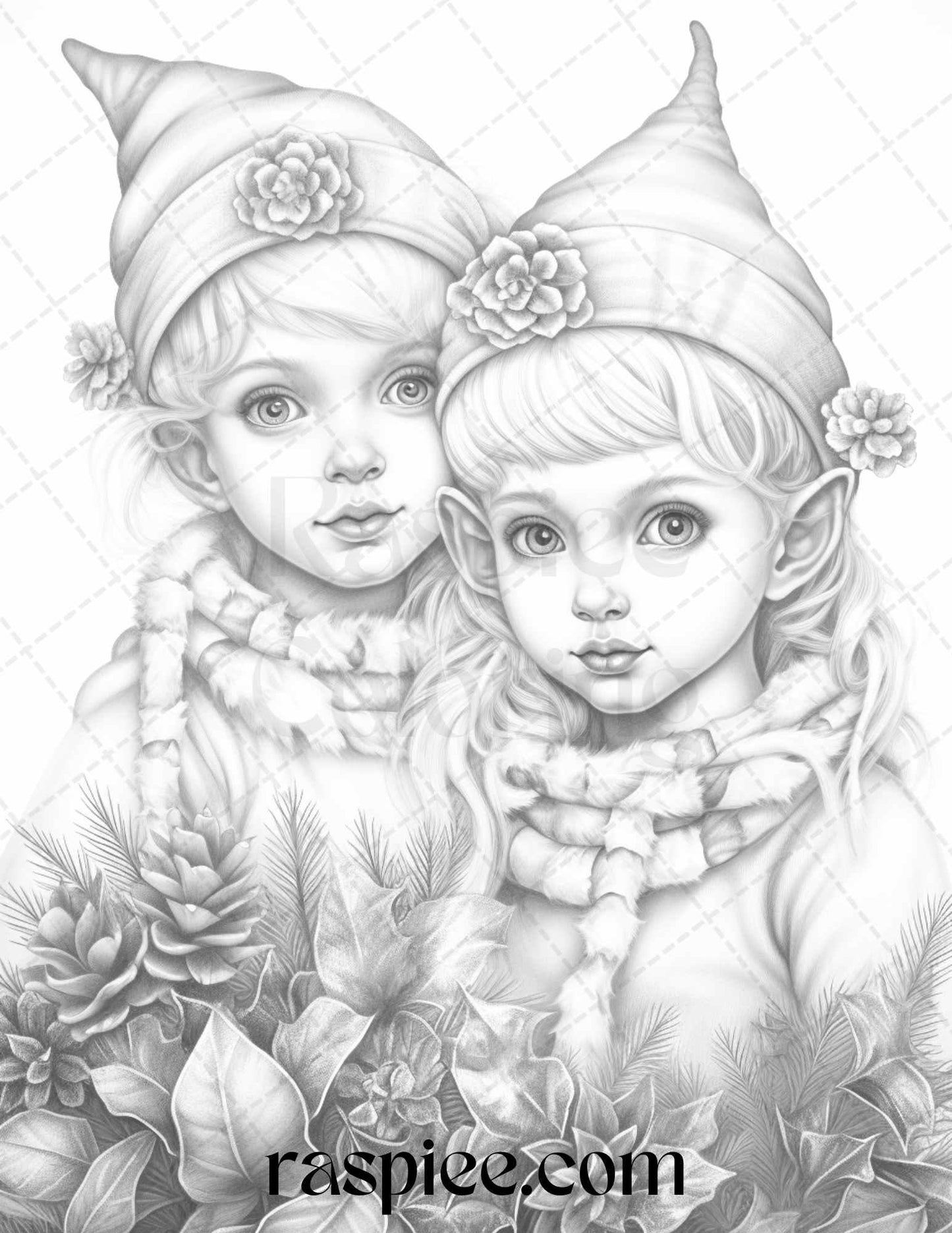 110 Christmas Elves Grayscale Coloring Pages Printable for Adults Kids, PDF File Instant Download