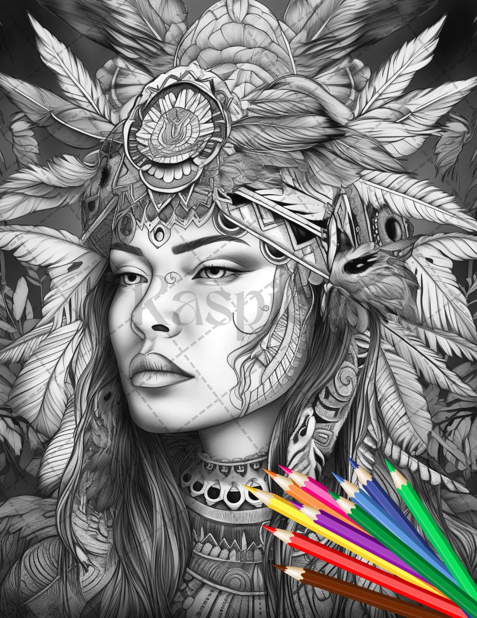 30 Native American Girls Printable Coloring Pages for Adult, Native American Culture Grayscale Coloring Book, Printable PDF File Download