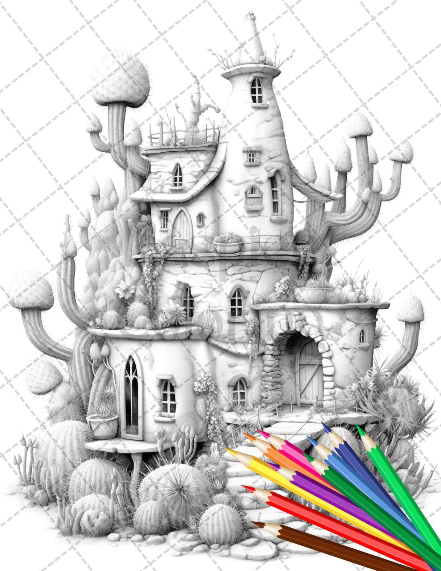 46 Fantasy Cactus Houses Grayscale Coloring Pages Printable for Adults, PDF File Instant Download