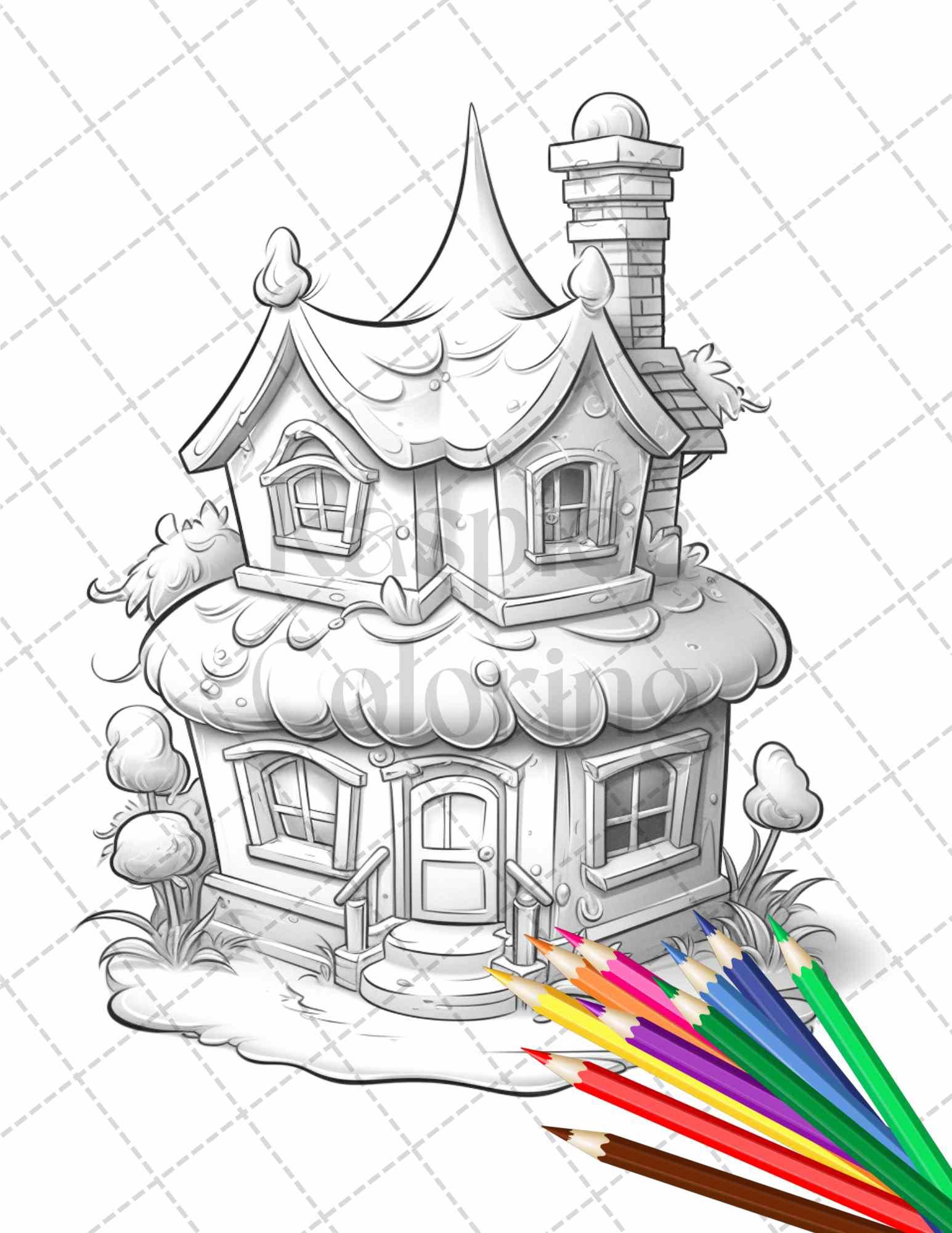 50 Adorable Cake Houses Grayscale Coloring Pages Printable for Adults and Kids, PDF File Instant Download