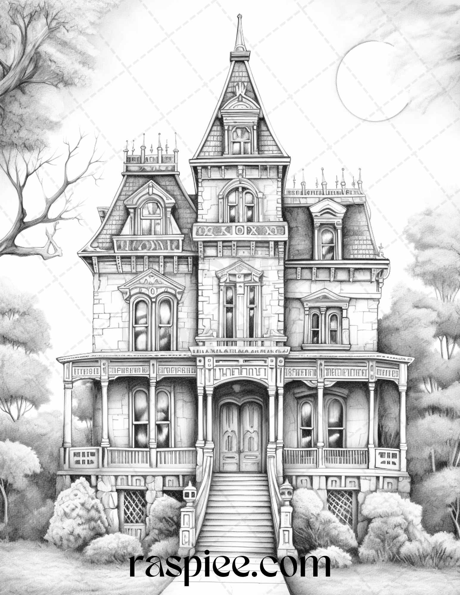 Ghoulish Halloween Grayscale Coloring Pages Printable for Adults, PDF File Instant Download