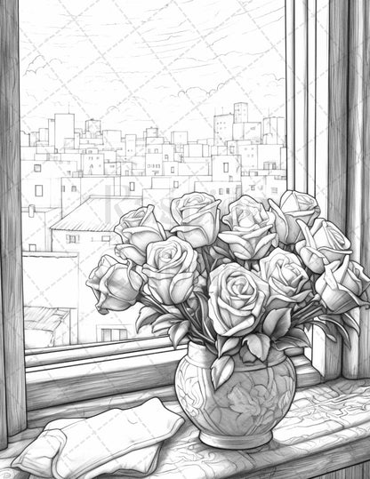 40 Captivating Roses Grayscale Coloring Pages Printable for Adults, PDF File Instant Download