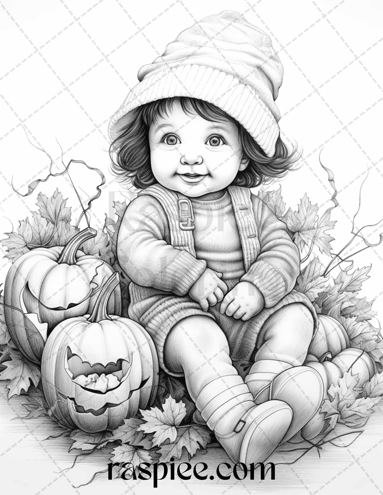 40 Pumpkin Babies Grayscale Coloring Pages for Adults and Kids, Printable PDF File Instant Download