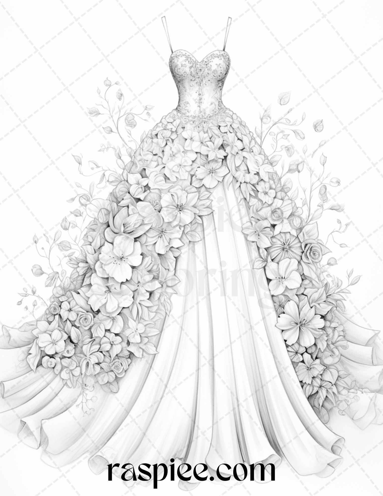 40 Elegant Floral Wedding Dresses Grayscale Coloring Pages Printable for Adults, PDF File Instant Download