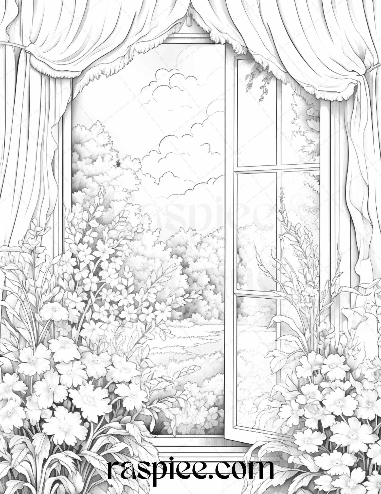 50 Blooming Windows Grayscale Coloring Pages Printable for Adults, PDF File Instant Download