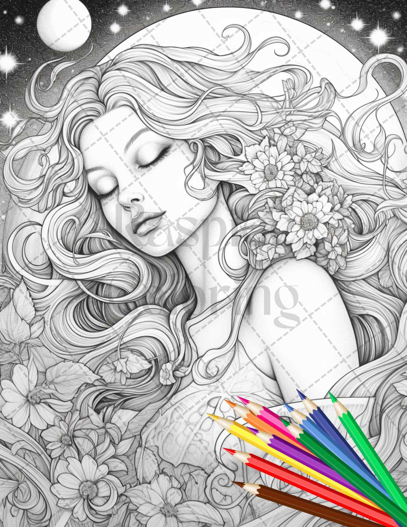 34 Beautiful Moon Fairies Grayscale Coloring Pages Printable for Adults, PDF File Instant Download