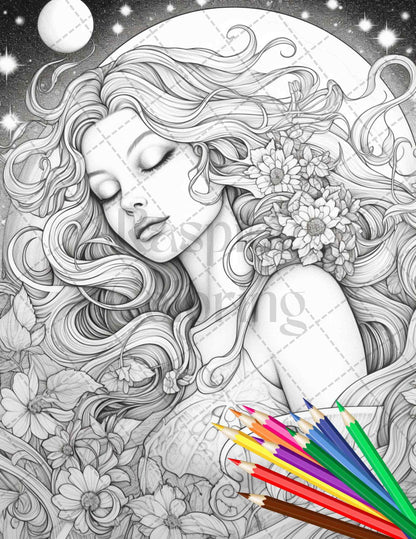 34 Beautiful Moon Fairies Grayscale Coloring Pages Printable for Adults, PDF File Instant Download