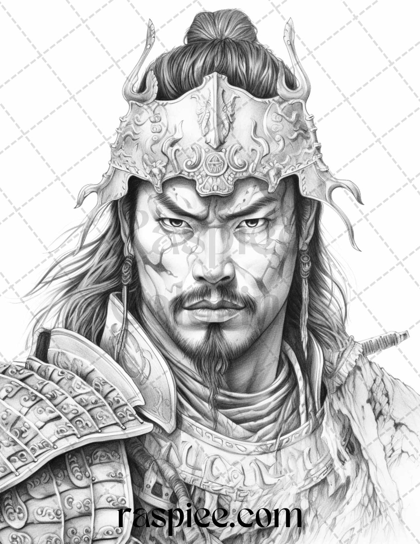 42 Japanese Samurai Grayscale Coloring Pages for Adults, Printable PDF File Instant Download