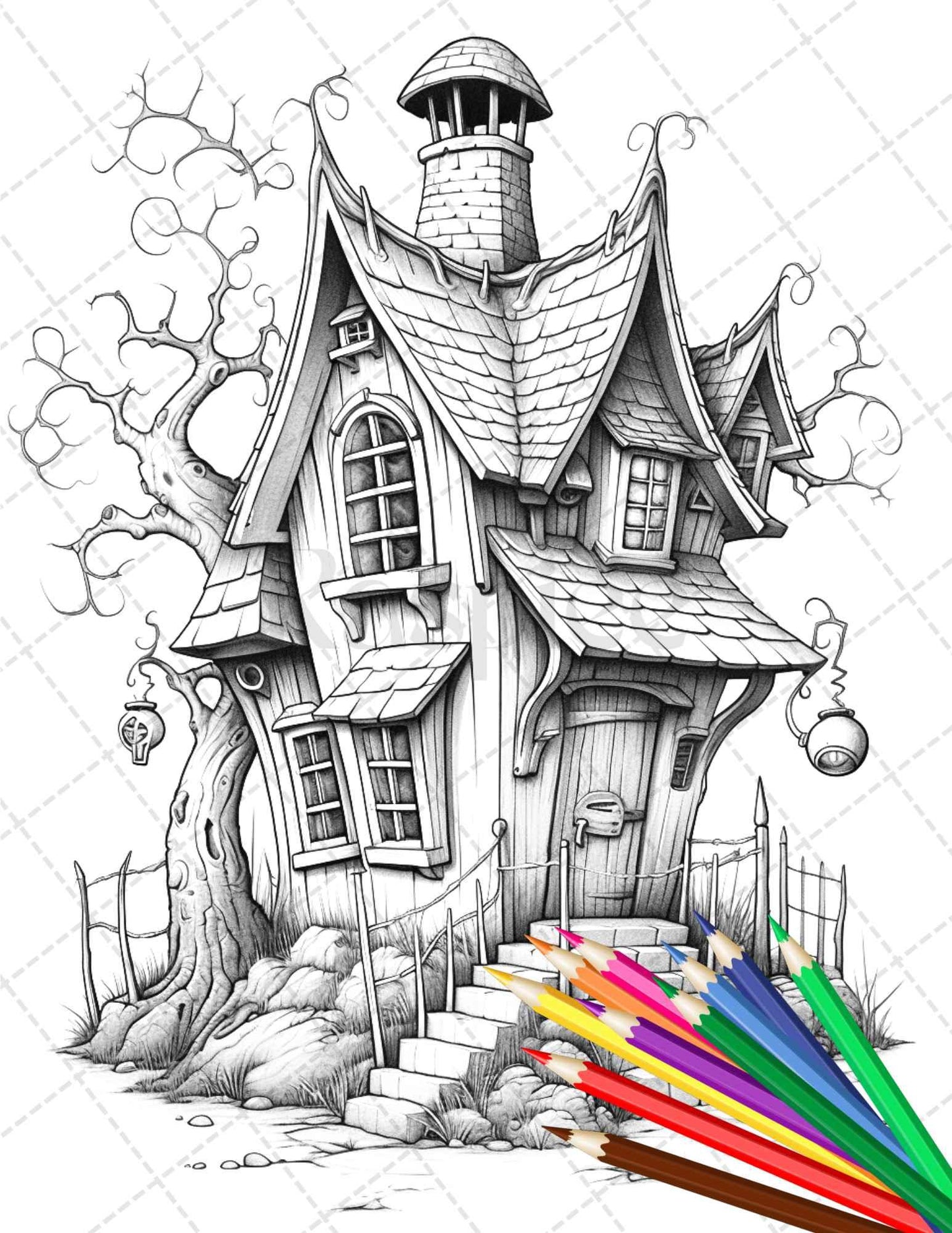 32 Spooky Houses Coloring Pages Printable for Adults, Grayscale Coloring Page, PDF File Instant Download