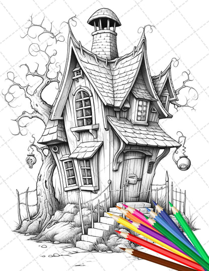 32 Spooky Houses Coloring Pages Printable for Adults, Grayscale Coloring Page, PDF File Instant Download