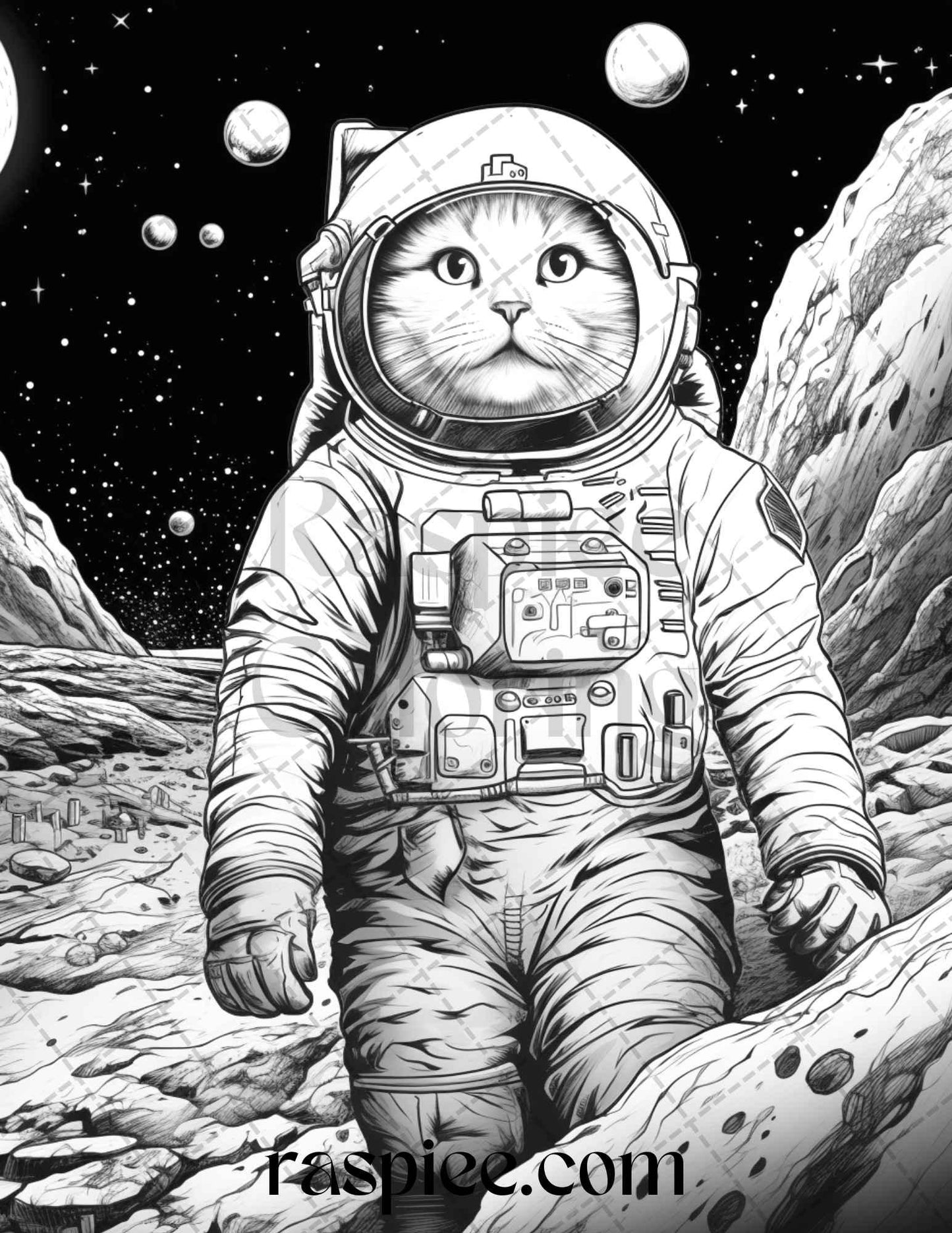 40 Cat Astronaut Grayscale Coloring Pages Printable for Adults Kids, PDF File Instant Download