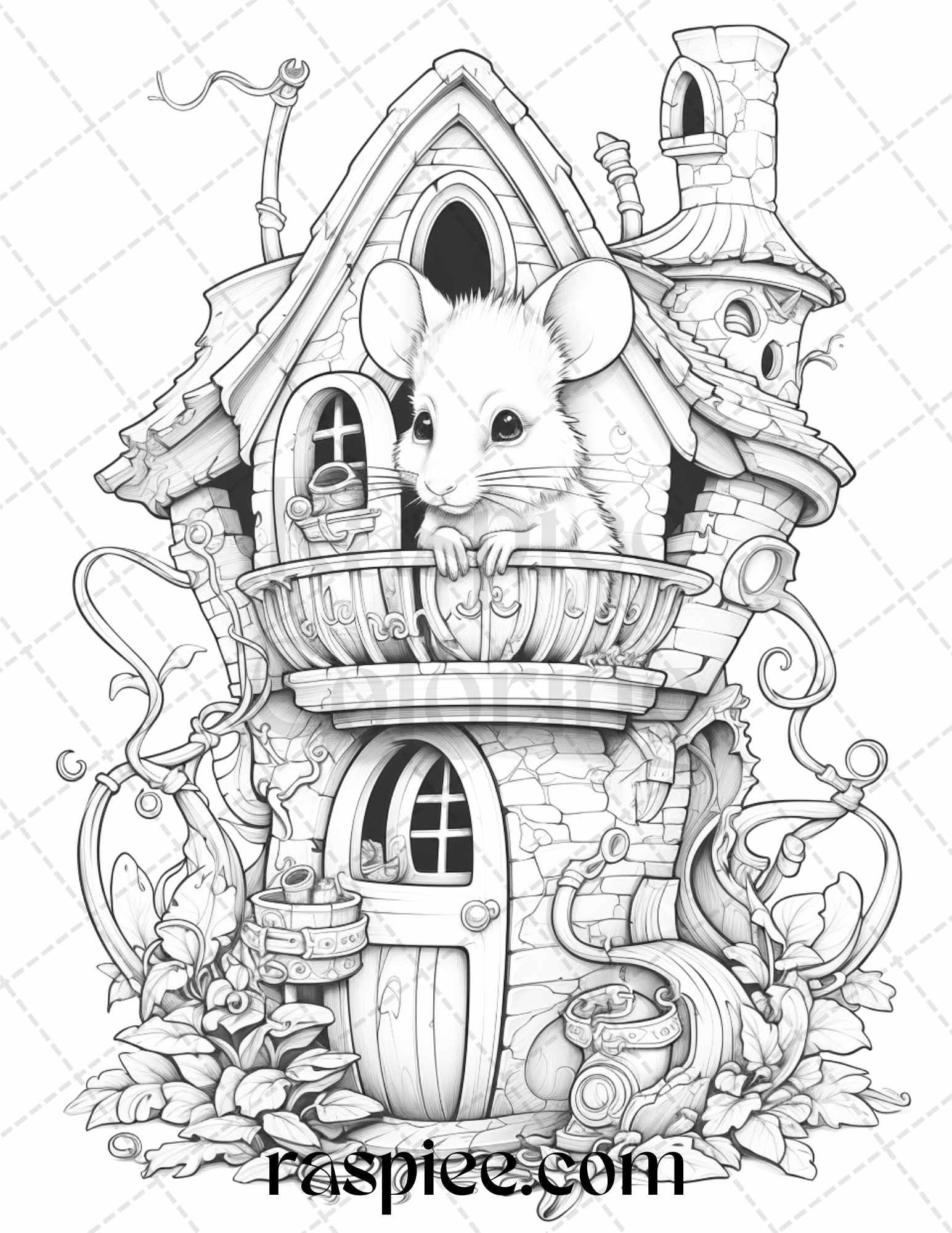 40 Magical Mouse Houses Grayscale Coloring Pages Printable for Adults, PDF File Instant Download