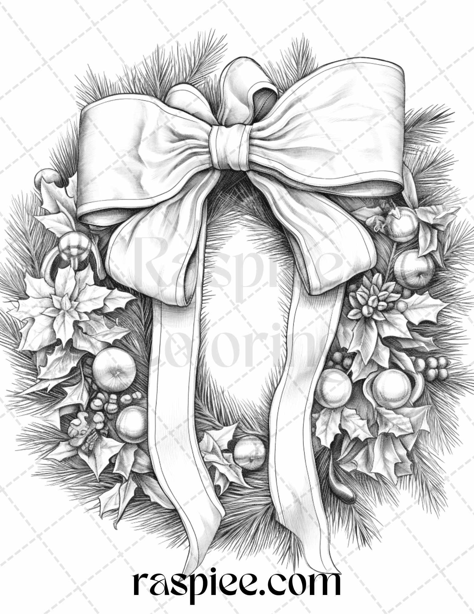 40 Christmas Wreath Grayscale Coloring Pages Printable for Adults, PDF File Instant Download