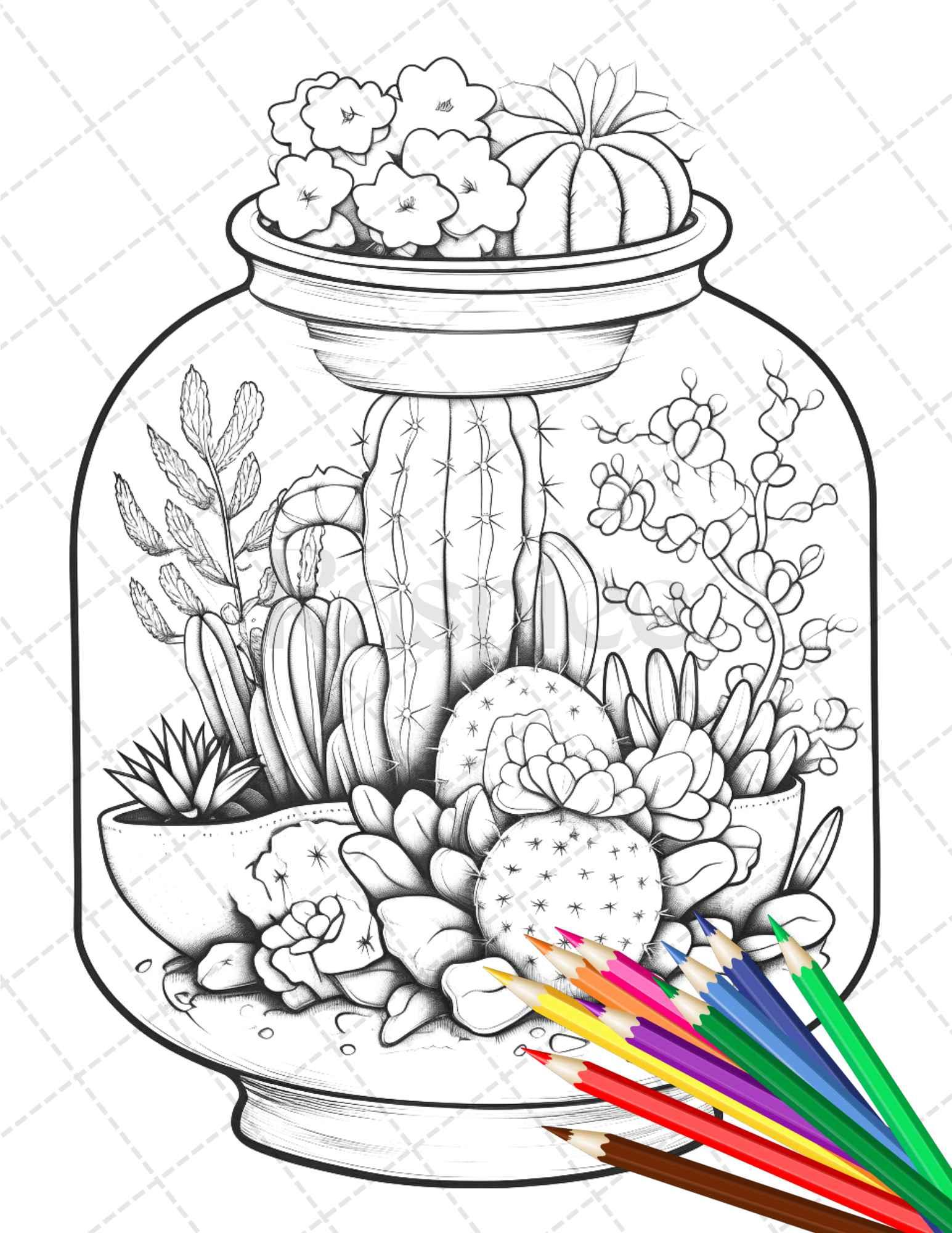 34 Enchanted Terrarium Grayscale Coloring Pages Printable for Adults, PDF File Instant Download