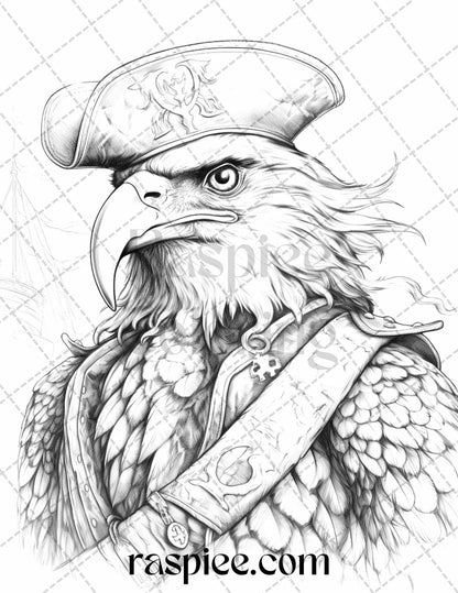 40 Pirate Animals Grayscale Coloring Pages Printable for Adults, PDF File Instant Download