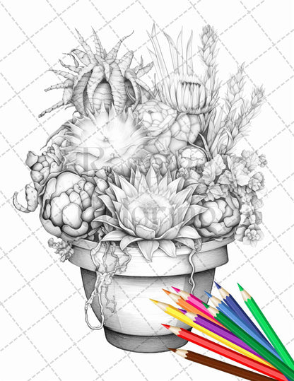 40 Charming Cactus Pots Grayscale Coloring Pages Printable for Adults, PDF File Instant Download