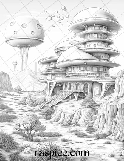 40 Alien Houses Grayscale Coloring Pages for Adults, Printable PDF File Instant Download