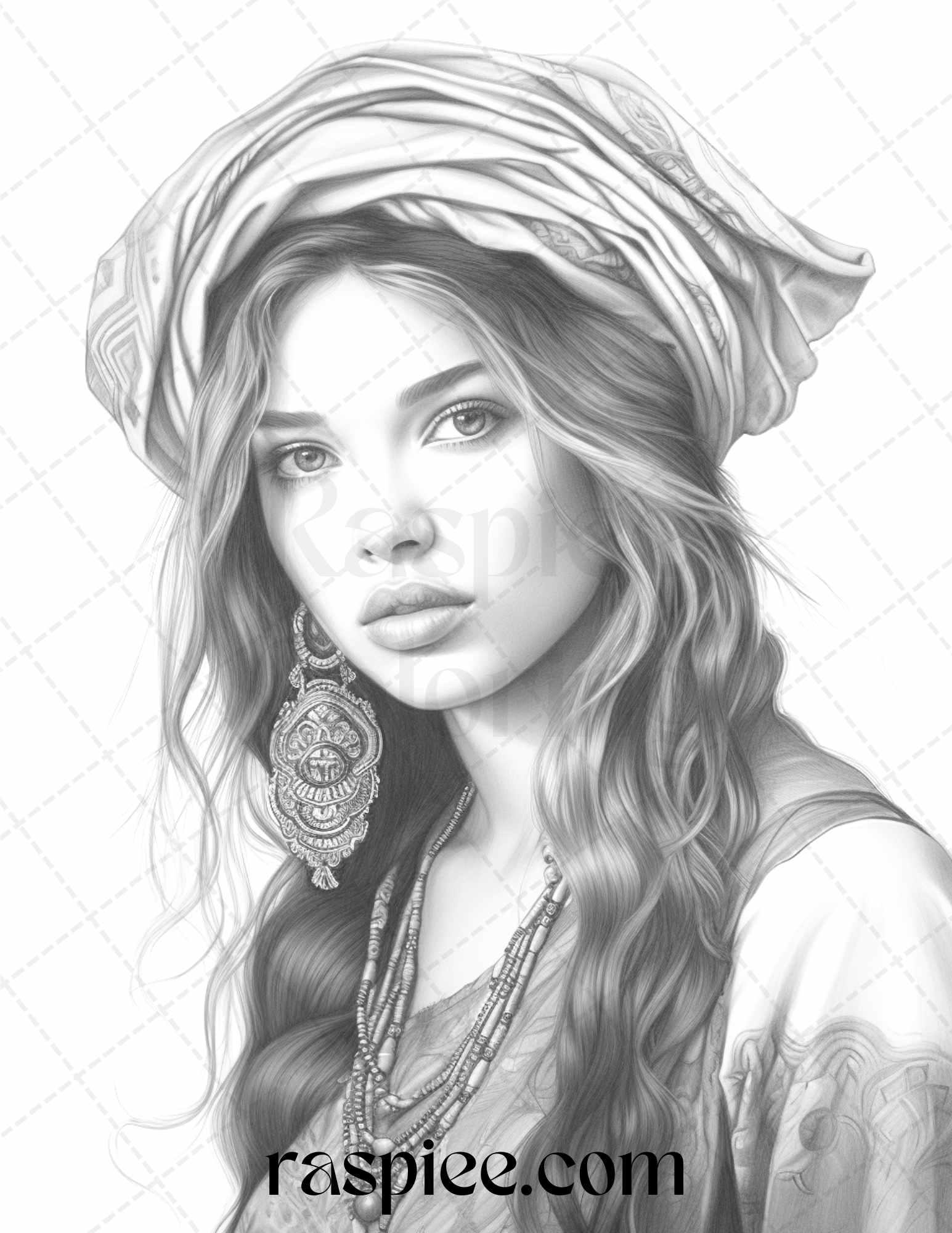 40 Beautiful Gypsy Girls Grayscale Coloring Pages Printable for Adults, PDF File Instant Download