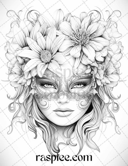 40 Masquerade Masks Grayscale Coloring Pages Printable for Adults, PDF File Instant Download