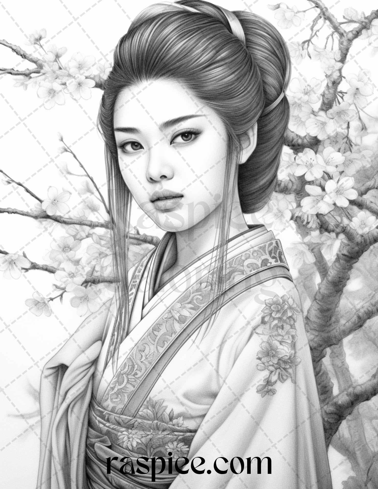 40 Beautiful Japanese Girls Grayscale Coloring Pages Printable for Adults, PDF File Instant Download