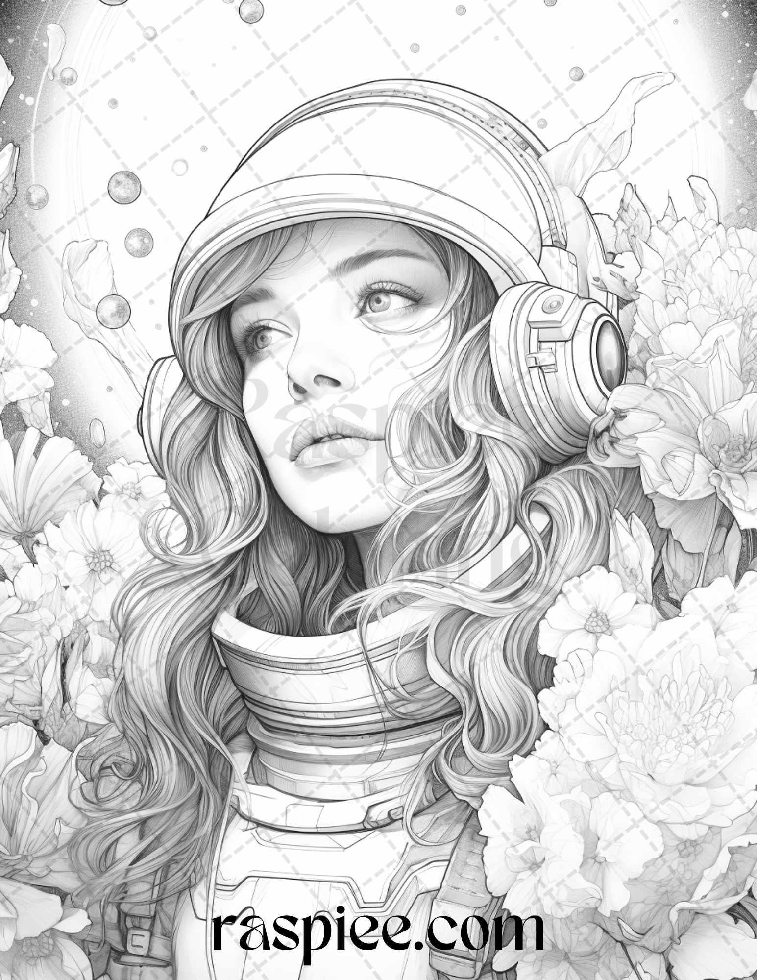 50 Astronaut Girl Portrait Grayscale Coloring Pages Printable for Adults, PDF File Instant Download