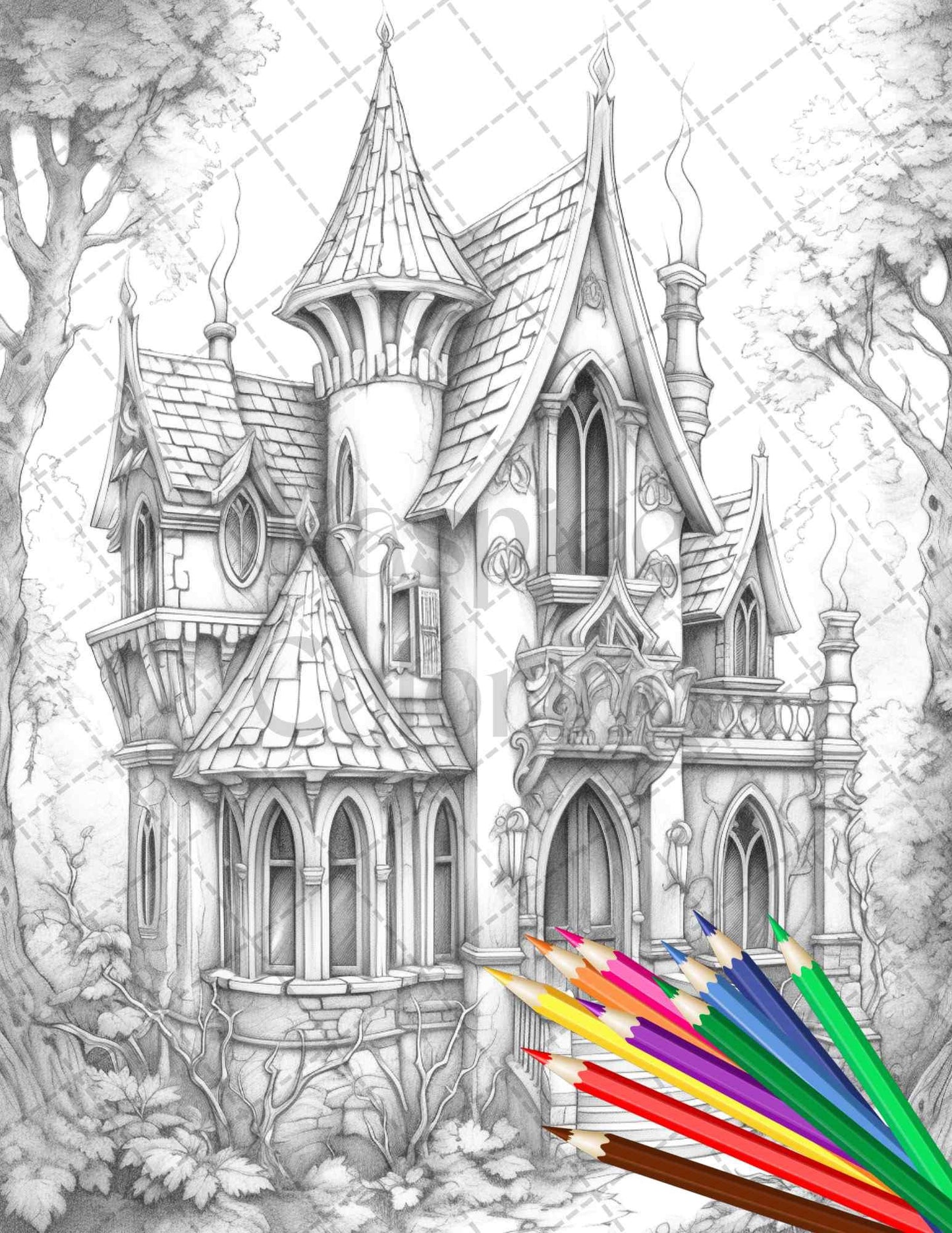 40 Creepy Gothic Houses Grayscale Coloring Pages Printable for Adults, PDF File Instant Download