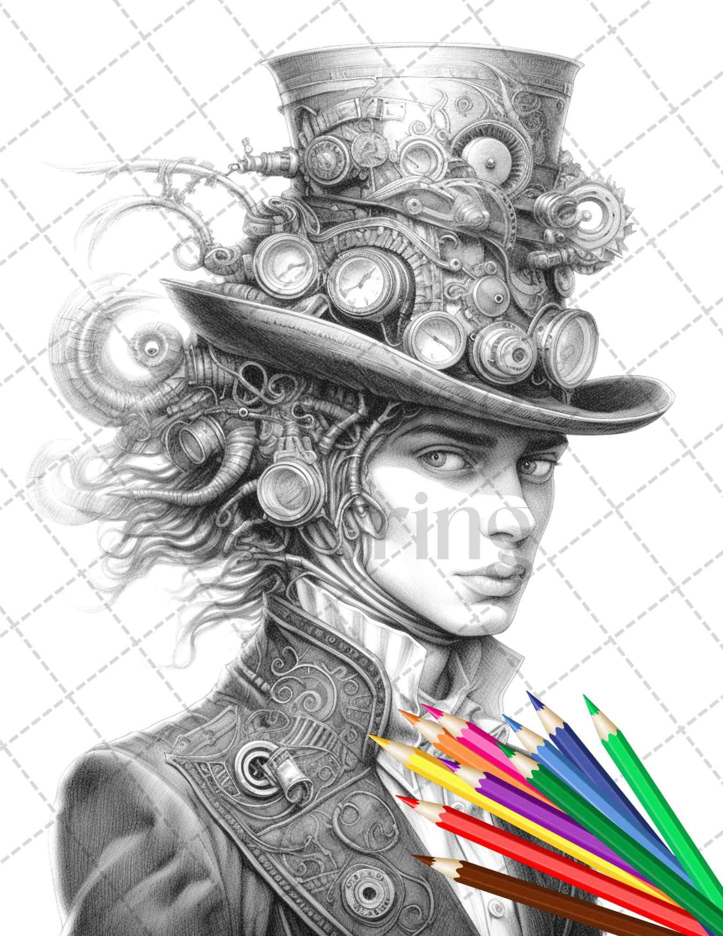 42 Steampunk Mens Grayscale Coloring Pages Printable for Adults, PDF File Instant Download