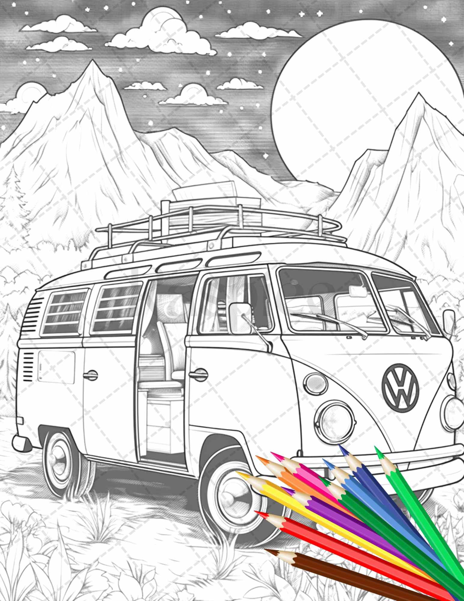 30 Campervan Adventure Grayscale Coloring Pages Printable for Adults, PDF File Instant Download